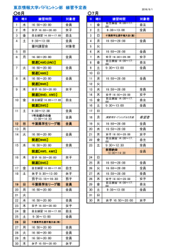 東京情報大学バドミントン部 練習予定表 6月 7月