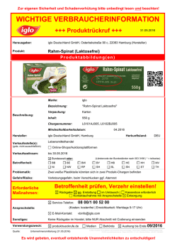 IGLO R&uuml;ckruf Rahm-Spinat (Laktosefrei)
