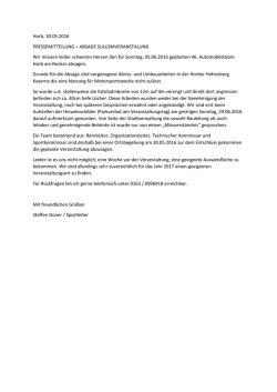 Horb, 30.05.2016 PRESSEMITTEILUNG &ndash; ABSAGE