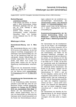 Gemeinde Schönenberg Mitteilungen aus dem Gemeindehaus