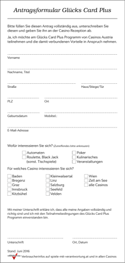 Gl&uuml;cks Card Plus Antragsformular