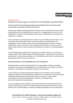 Hansainvest startet eigenes Unternehmen f&uuml;r Immobilien und