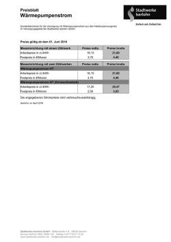 Preisblatt W&auml;rmepumpenstrom ab 01.06.2016