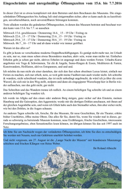 Eingeschr&auml;nkte und unregelm&auml;&szlig;ige &Ouml;ffnungszeiten vom 15.6. bis
