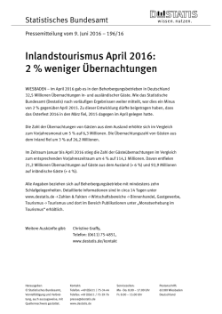 Inlandstourismus April 2016: 2 % weniger