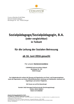 Die Curanum Betriebs GmbH West sucht für ihre Seniorenresidenz