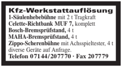 Kfz-Werkstattauflösung 1-Säulenhebebühne mit 2 t Tragkraft Celette