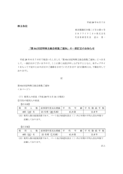 株主各位 「第 64 回定時株主総会招集ご通知」の一部訂正のお知らせ