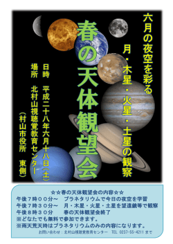 春の天体観望会の内容     午後7時00分～ プラネタリウムで今日の夜空
