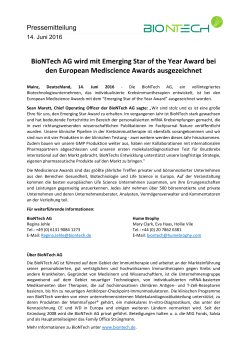 BioNTech AG wird mit Emerging Star of the Year Award bei den