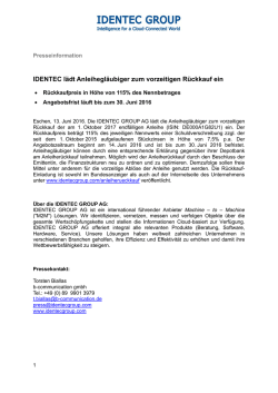 IDENTEC l&auml;dt Anleihegl&auml;ubiger zum vorzeitigen