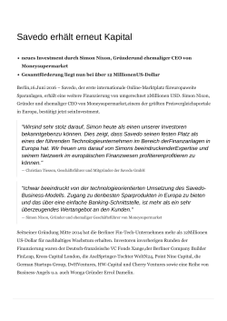 Savedo erhält erneut Kapital - Savedo GmbH