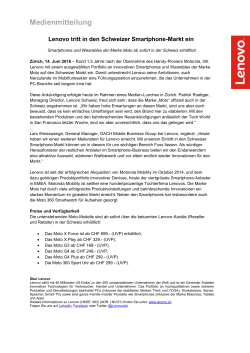 Lenovo tritt in den Schweizer Smartphone-Markt ein