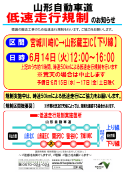 標識の撤去工事のため低速走行規制を行います。ご協力をお願いします。