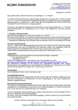 Information f&uuml;r den Schulbeginn f&uuml;r zuk&uuml;nftige 2. bis 8. Klassen