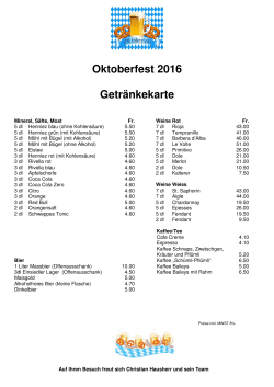Oktoberfest 2016 Getränkekarte