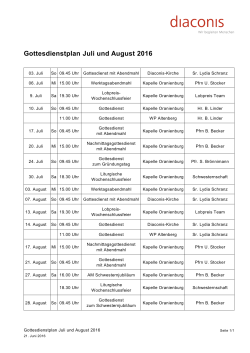 Gottesdienstplan Juli und August 2016