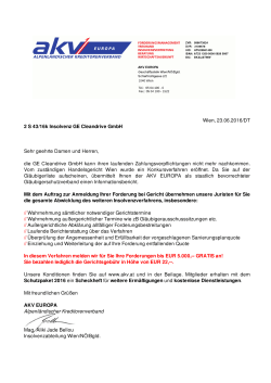 Wien, 23.06.2016/DT 2 S 43/16k Insolvenz GE Cleandrive GmbH