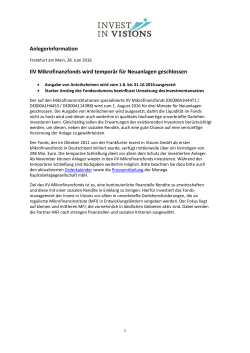 IIV Mikrofinanzfonds wird tempor&auml;r f&uuml;r