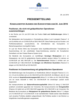 konsolidierter ausweis des eurosystems zum 24. juni 2016