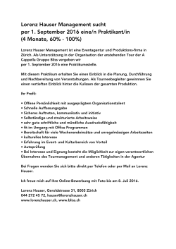 Lorenz Hauser Management sucht per 1. September 2016 eine/n