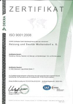 ISO 9001 2008 Zertifikat DEKRA - Heizung und Sanit&auml;r Woltersdorf eG