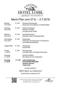 Menü Plan vom 27.6. – 3.7.2016 - im Hotel