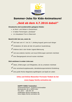 Sommer-Jobs für Kids-Animateure! „Seid ab dem 4.7.2016 dabei!“