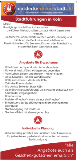 Flyer - Stadtführungen für Erwachsene und Kinder/Jugendliche in Köln