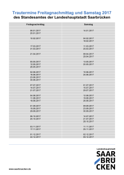 Trautermine Freitagnachmittag und Samstag 2017