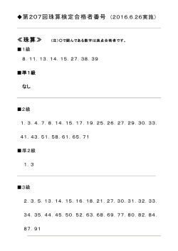 第207回珠算検定合格者番号 (2016.6.26実施)