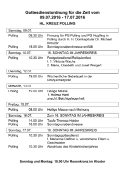 Gottesdienstordnung f&uuml;r die Zeit vom 09.07.2016