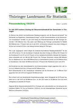 Im Jahr 2015 weiterer Anstieg der Steuereinnahmekraft der