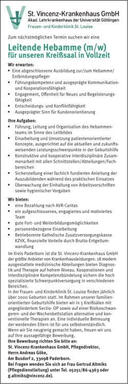 Leitende Hebamme (m/w) für unseren Kreißsaal in Vollzeit