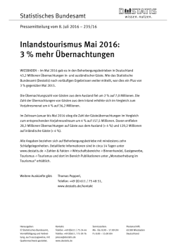 Inlandstourismus Mai 2016: 3 % mehr Übernachtungen (PDF, 61 kB