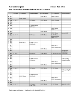 Gottesdienstplan Monat Juli 2016 des Pastoralen Raumes