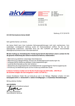 Salzburg, 07.07.2016/YS 23 S 59/16w Insolvenz hetras GmbH Sehr