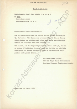 Glückwunschtelegramm vom JU-Bundesvorsitzenden Egon Klepsch