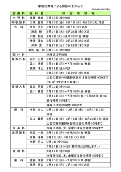診 療 科 医 師 名 休 診 等 情 報 小 児 科 学会出席等による休診のお知