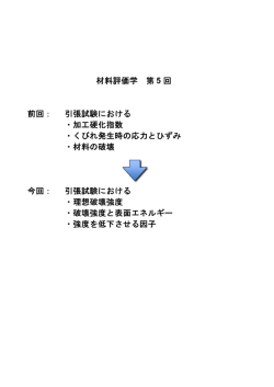 材料評価学 第 5 回 前回： 引張試験における ・加工硬化指数 ・くびれ発生