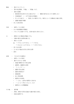 構成 ・ 節立てのバランス ・ 節の対応関係。「序論」－「結論」など。 ・ 流れ