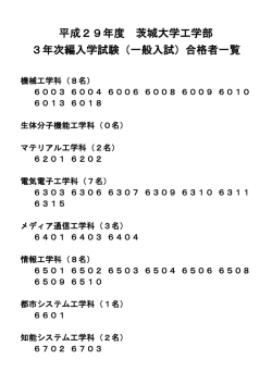 平成29年度 茨城大学工学部 3年次編入学試験（一般入試）合格者一覧