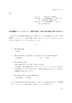 株式報酬型ストックオプション（新株予約権）の発行内容の