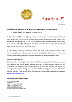 World Airline Awards 2016: Austrian Airlines ist Europameister