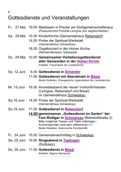 Gottesdienste und Veranstaltungen Juni &ndash; Juli 2016