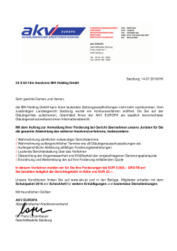 Salzburg, 14.07.2016/HK 23 S 62/16m Insolvenz IBH Holding GmbH