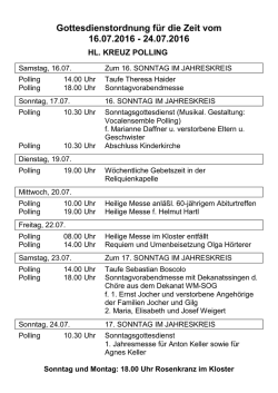 Gottesdienstordnung f&uuml;r die Zeit vom 16.07.2016