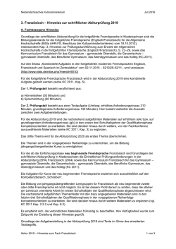 Hinweise zur schriftlichen Abiturpr&uuml;fung 2015 im Fach Franz&ouml;sisch
