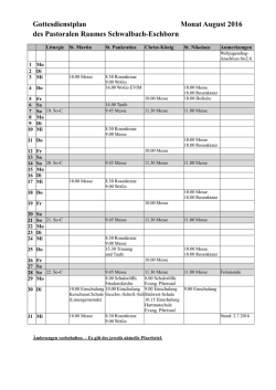 Gottesdienstplan Monat August 2016 des Pastoralen Raumes