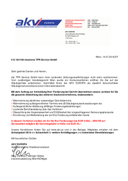 Wien, 14.07.2016/DT 6 S 104/16k Insolvenz TPR Service GmbH